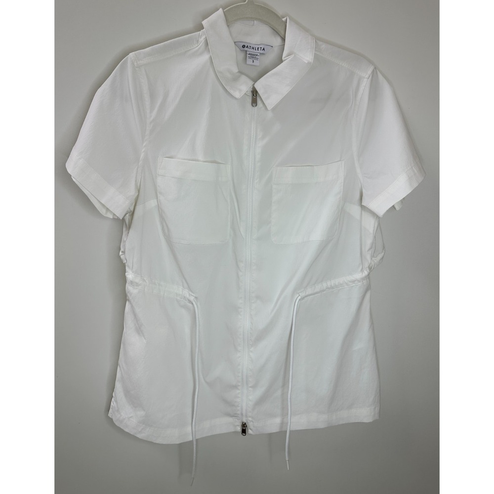 Athleta Advantage Cinch Top White Short Sleeve Full Zip Utility Shirt Small EUC - Picture 2 of 12